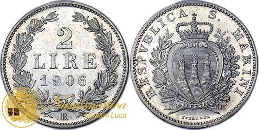 SAN MARINO 2 Lire 1906 Roma Vecchia Monetazione R Q.Fdc #1373