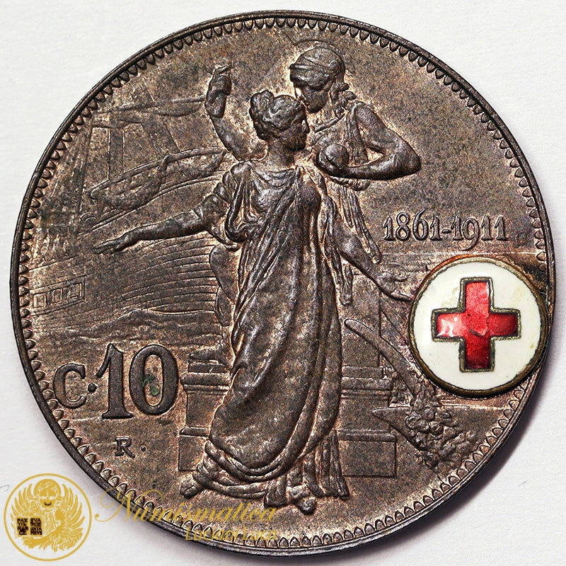 VITTORIO EMANUELE III Croce Rossa 10 Centesimi 1911 Cinquantenario Cu Fdc Molto Raro #PV338