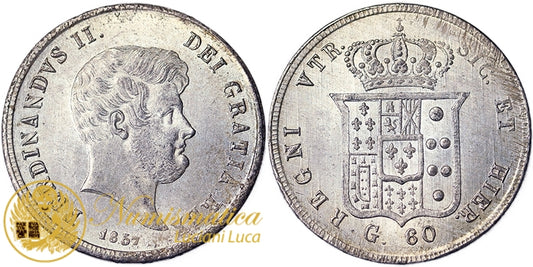NAPOLI 60 Grana 1857 Ferdinando II di Borbone 1830-59 Raro Q.Fdc #PV769