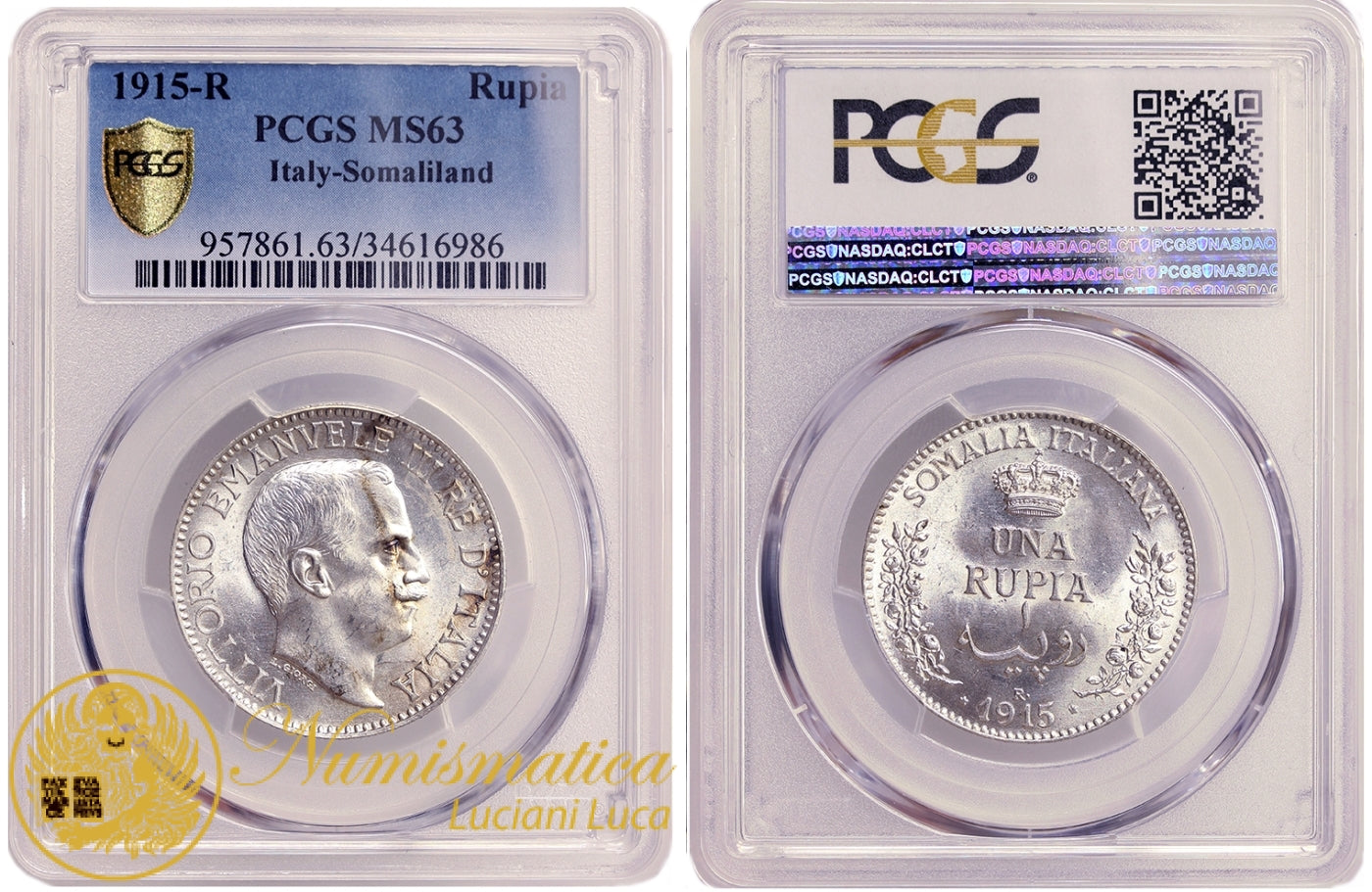 SOMALIA ITALIANA 1 Rupia 1915 VITTORIO EMANUELE III PCGS MS63 #SLAB15