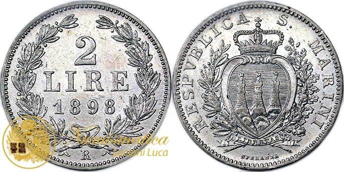 SAN MARINO 2 Lire 1898 Roma Vecchia Monetazione R Spl+ #1358