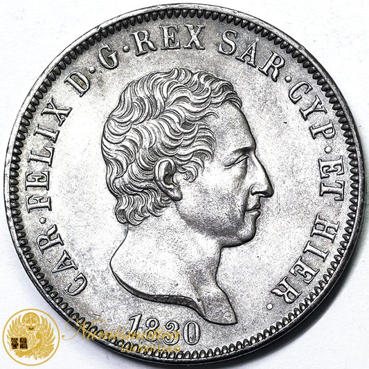 REGNO DI SARDEGNA 5 LIRE 1830 Torino L in Losanga CARLO FELICE 1821-31 Q.Fdc #PV462
