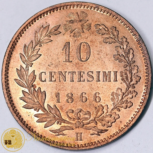 VITTORIO EMANUELE II 10 Centesimi 1866 H Birmingham rame rosso Fdc #PV422