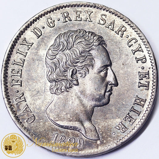 REGNO DI SARDEGNA 5 Lire 1829 GENOVA Carlo Felice 1821-31 Ag Q.Fdc #4361