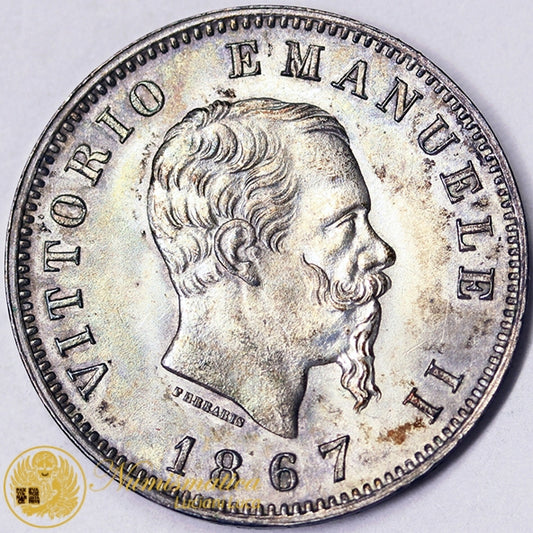 VITTORIO EMANUELE II 1 Lira 1867 Milano Ag Fdc #P14