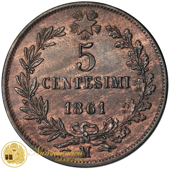 VITTORIO EMANUELE II 5 Centesimi 1861 Milano Cu Q.Fdc #P5