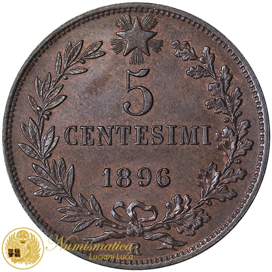 UMBERTO I 5 Centesimi 1896 Roma Fdc rame rosso RARO #P52