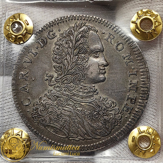 NAPOLI Carlo III poi VI d’Asburgo 1707-34 Ducatone da 10 Carlini 1715 Ag contorno liscio RARO Spl #PV260