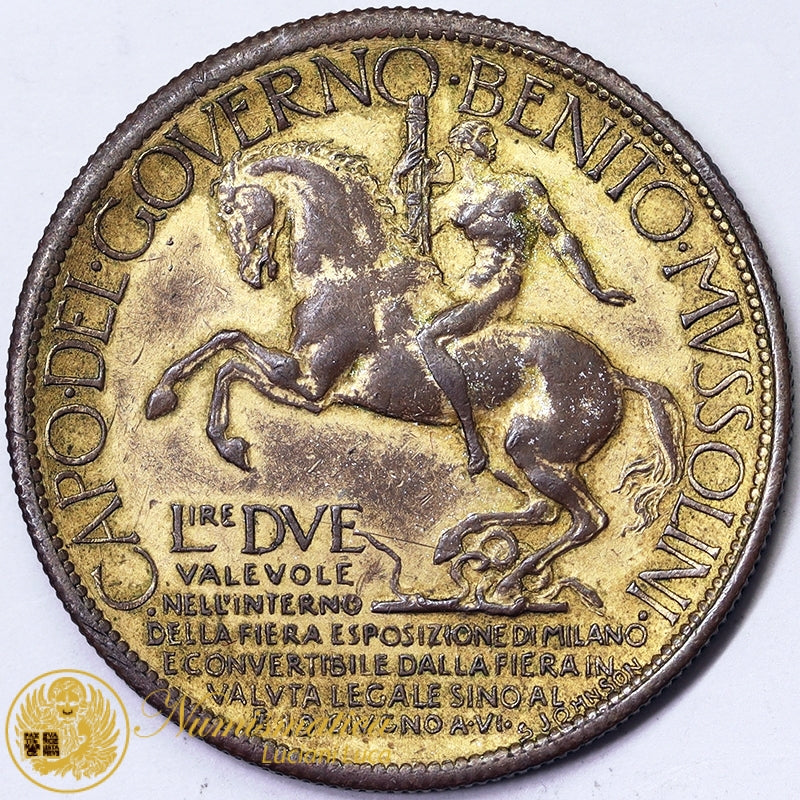 VITTORIO EMANUELE III Buono da 2 Lire 1928 Esposizione di Milano rame dorato BB #4817