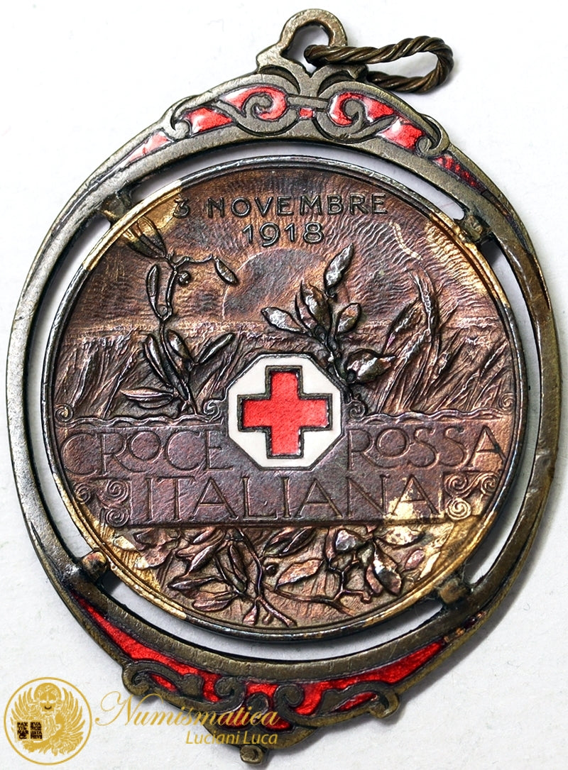 VITTORIO EMANUELE III 10 Centesimi 1918 Medaglia Moneta bronzo Spl/Q.Fdc RARA con montatura ufficiale II° tipo #PV426