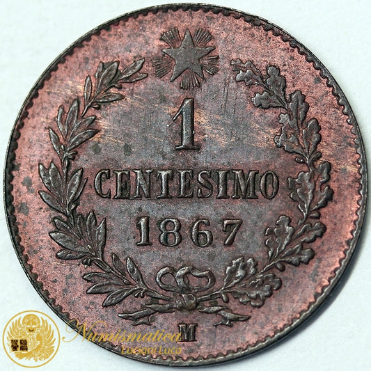 VITTORIO EMANUELE II 1 Centesimo 1867 Milano Fdc rame rosso #P510