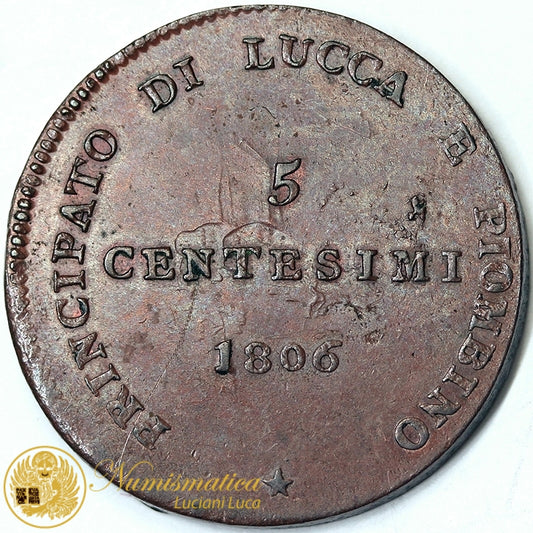 LUCCA E PIOMBINO 5 centesimi 1806 Firenze ELISA BONAPARTE E FELICE BAIOCCHI 1805-14 RARO SPL/Q.FDC #P113