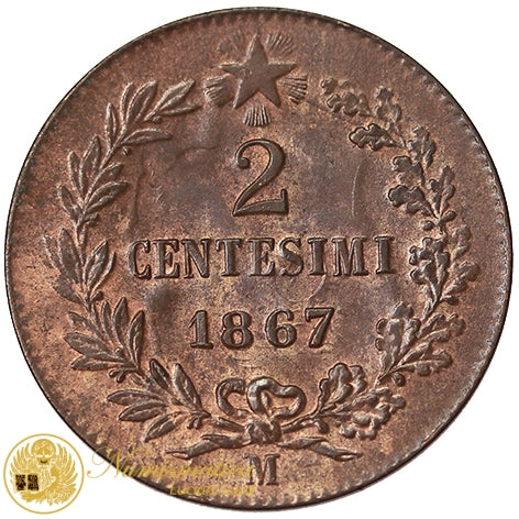 VITTORIO EMANUELE II 2 Centesimi 1867 Milano Cu Fdc #PV206