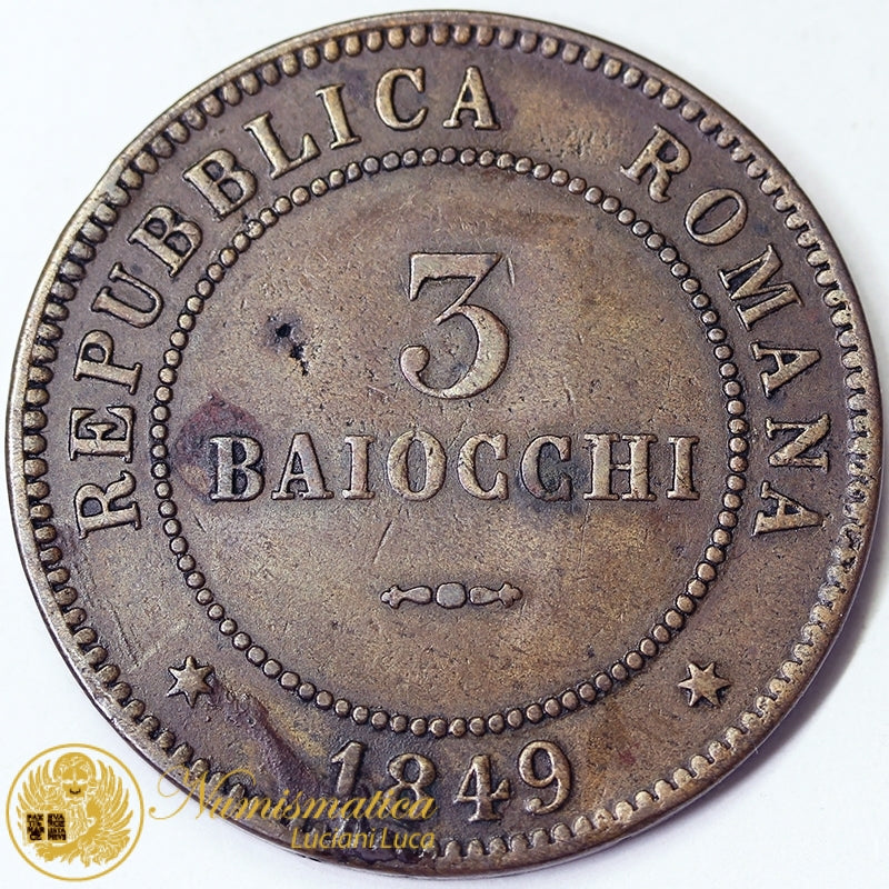 REPUBBLICA ROMANA 3 Baiocchi 1849 Roma BB+ #2392