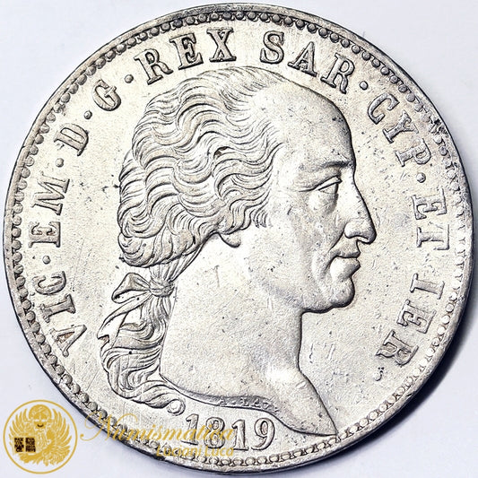 REGNO DI SARDEGNA 5 Lire 1819 Torino VITTORIO EMANUELE I 1802-21 Ag RARO Q.Fdc #PV418