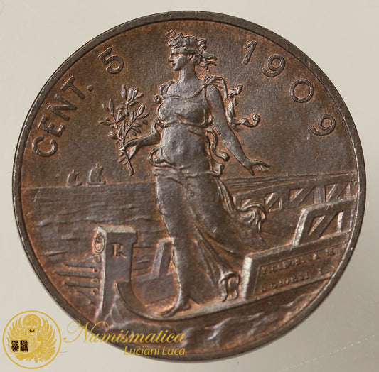 VITTORIO EMANUELE III 5 Centesimi 1909 Italia su Prora Non Comune rame rosso Fdc #PV747