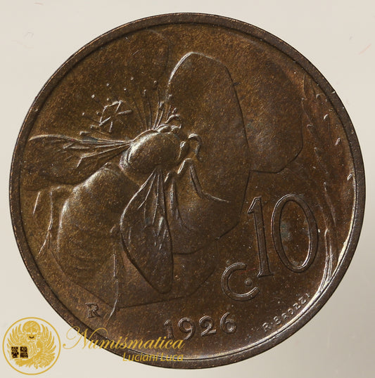VITTORIO EMANUELE III 10 Centesimi 1926 Ape rame rosso scuro Fdc #PV214