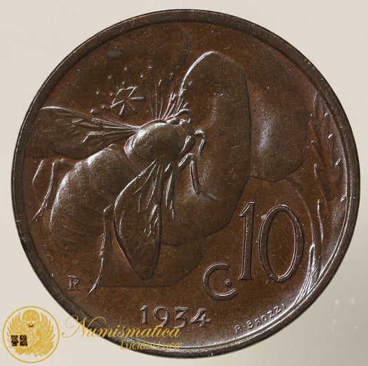 VITTORIO EMANUELE III 10 Centesimi 1934 rame rosso scuro Fdc #PV232
